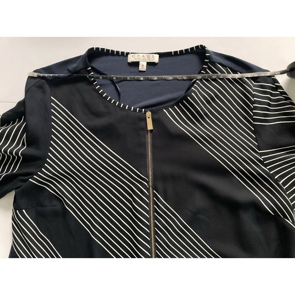 Chaus NY Top Medium Black White Striped Asymmetrical Front Zip Good Condition - Picture 11 of 16